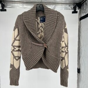 Y2K American Eagle Knit Cardigan Sweater Shawl Collar Toggle Button Tan Cream SP